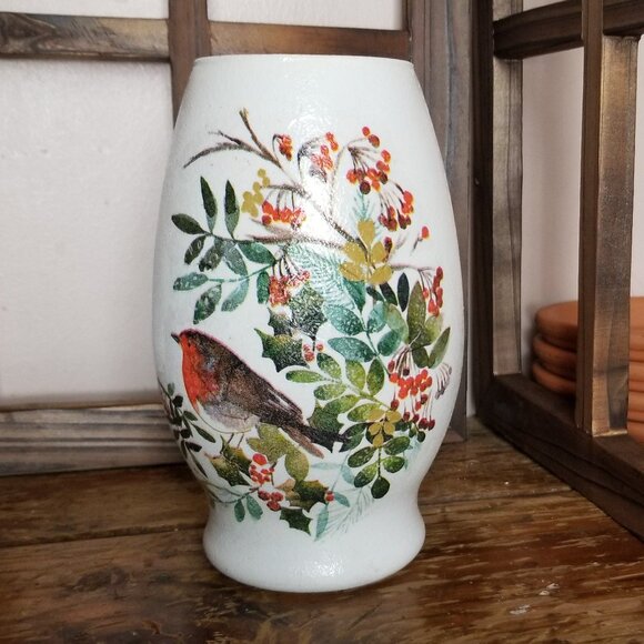 Robins & Holly Berries Glass Vase, Painted Decoupaged Vase, 7 Inch Height - Picture 1 of 7